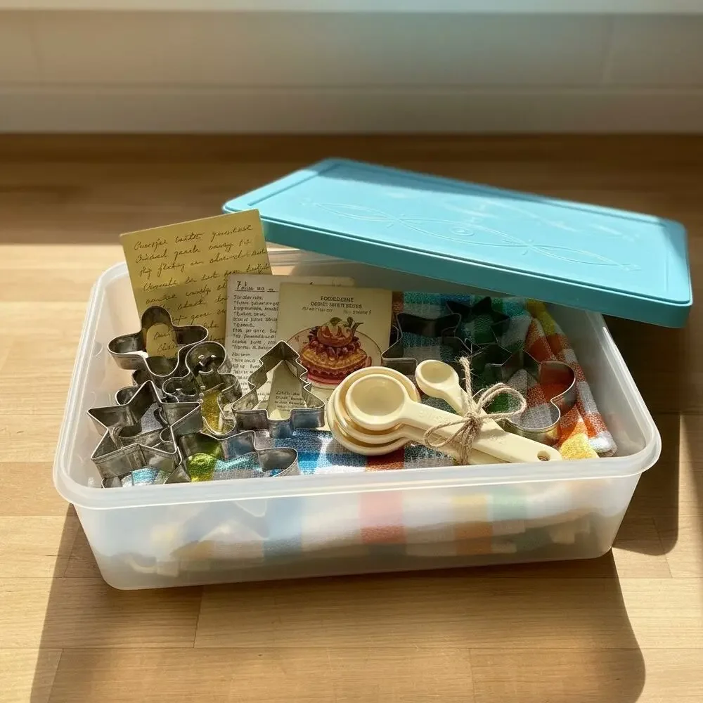 Vintage Mid Century Plastic Storage Box-Teal Lid-Organizer-Sewing-Craft-Kitchen